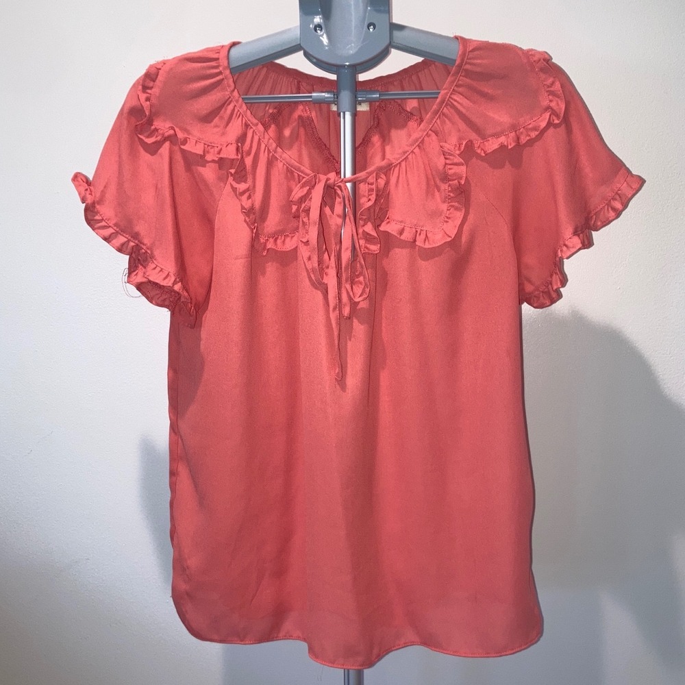 Max Studio Womens S Coral Pink‎ Ruffle Tie Neck Chiffon Blouse Short Sleeve Top